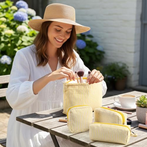Sanwuta 4 Pcs Seersucker Pouch Striped Makeup Bag Set, Yellow - color: Yellow