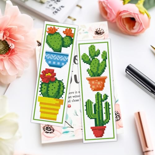 ACRNIGHEET 6PCS Cactus Cross Stitch Bookmark Kit for Beginner Stamped Cross Stitch Kits for Adults DIY Embroidery Bookmark Kits Crossstitch Kits Adult with Instructions Hand Craft Gift 11CT - style: Cactus patterns
