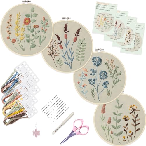 Bonroy 4 Sets Embroidery Kit for Beginners,Embroidery Kit for Art Craft Handy Sewing Include Embroidery Clothes with Pattern,Embroidery Hoops, Instructions,Color Threads Needle Kit (Multi 5) - color: Multi 5
