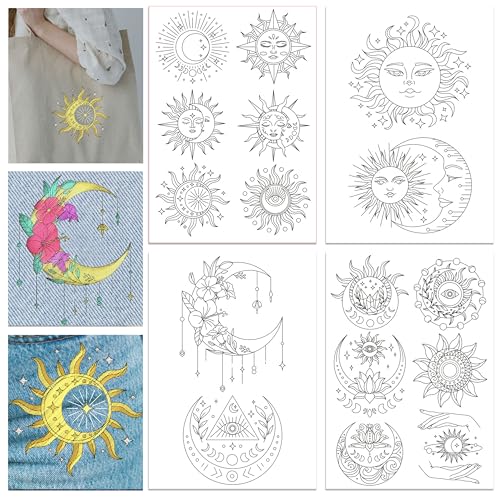 GLOBLELAND 4 Sheets Sun Moon Water Soluble Embroidery Pattern 8.3×11.7 inch - color: Sun Moon