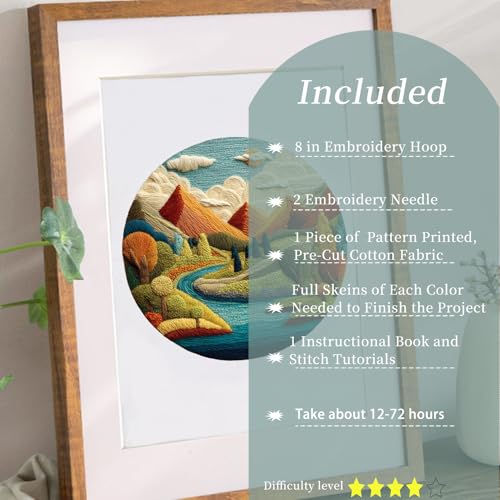 FONNUY Embroidery Kit for Beginners, Brightly Colored Landscape Lake Pre-Stamped Pattern Kits for Adults with Hoop, Easy to Follow Color Thread Needlework, 8'' Hoop (Blue) - color: Blue
