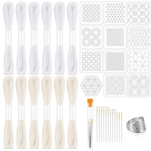 Booson 37 Pcs Sashiko Thread Kit Sashiko Needles Cotton Thimble Patterns - color: White