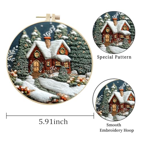 EOBTAIN 3 Pcs Winter Christmas Embroidery Kit for Beginners,Christmas Village Embroidery Starter Kit Green Xmas Tree Snow Scene Stamped Patterns with Hoop,Thread,Needles,Hand DIY Craft Kits for Adults - color: Green
