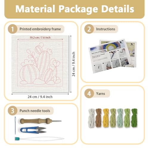Doodlream Cartoon Cactus DIY Punch Needle Embroidery Kit for Adult Beginner, 9.4" Cactus Punch Stitching Craft Set for Starter with Frame, Fabric Pattern, Threader, Yarn, Pinch Needle - color: Cactus