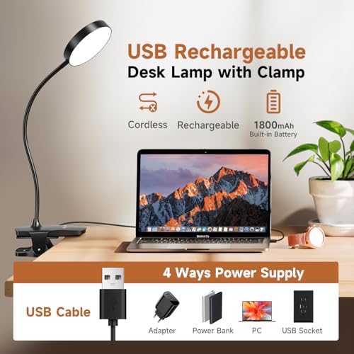 Mubarek Clip on Lamp,5 Brightness+5 Color Clip on Light,200LM 36 LED Reading Lights for Books in Bed,1800mAh Battery Powered Lamp Battery Operated Lights,Rechargeable Desk Lamp with Clamp Light - color: Black