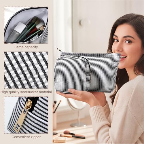 Sanwuta 4 Pcs Seersucker Pouch Striped Makeup Bag Set, Black - color: Black