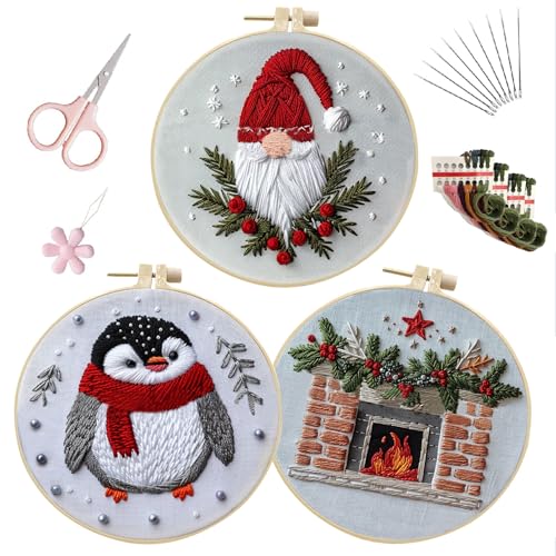 EOBTAIN 3 Pcs Funny Christmas Embroidery Kit for Beginners,Red Gnome and Penguin Embroidery Starter Kit Winter Xmas Fireplace Stamped Patterns with Hoop,Thread,Needles,Hand DIY Craft Kits for Adults - color: Red White