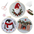 EOBTAIN 3 Pcs Funny Christmas Embroidery Kit for Beginners,Red Gnome and Penguin Embroidery Starter Kit Winter Xmas Fireplace Stamped Patterns with Hoop,Thread,Needles,Hand DIY Craft Kits for Adults - color: Red White