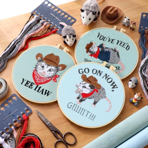 Mindsoft 3 Set Needlepoint Kit for Beginners with Hoop,Cowboy Possum - style: Cowboy Possum