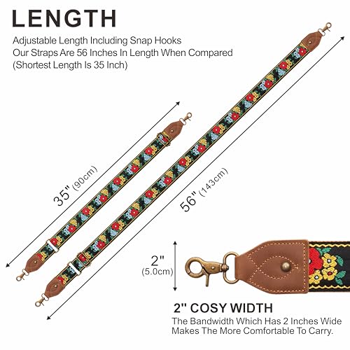 Nefelibata Banjo Strap,2"Wide Double Crazy Horse Leather Jacquard Embroidery Strap Adjustable Replacement,Multi-pattern Strap With Metal Clips - color: A#-flower Embroidery