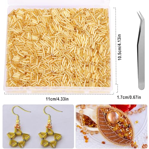 4000pcs Gold Bugle Beads Bulk -Embroidery Beads,Long Tube Bead for Jewelry Making, Bracelet Necklaces Supplies,Craft DIY(7x2mm) - color: Gold