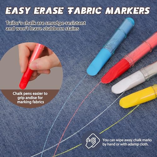 Fabric Chalk Markers for Sewing,Quilting,Crafting|Erasable Tailor Chalk|Work on Various Fabrics|Dosing Wheel Drawing Intricate Patterns Precise Lines-Per Pack(Red,Yellow,Blue,White and 1Ruler)