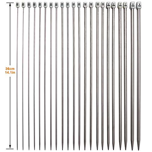 BCMRUN Knitting Needle Set, 22PCS 2mm(B)-8mm(L) Straight Single Pointed Stainless Steel Sweater Needles Set(11Pair-11 Size,9.8 inch) with Locking Stitch Makers Large-Eye Needles Measure Tape (36CM) - size: 36CM