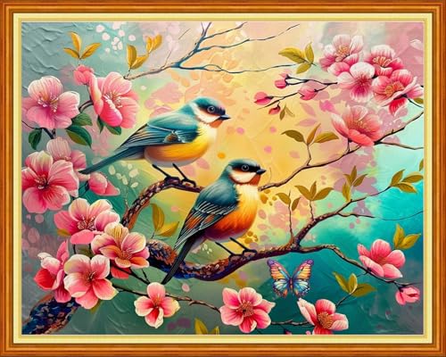 Redxing Stamped Cross Stitch Kits - Beach Night Landscape Counted Cross Stitch Kits for Beginners Adults Needlepoint Cross-Stitch Patterns-Little Bird Pink Peach Blossom 16x20 inchs - color: ArtsKit03