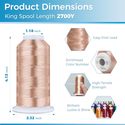 Simthread 2700 Yards Metallic Embroidery Machine Thread - Light Copper MS-018, 40wt High-Sheen King Spool, Smooth Running & Break Resistant for Commercial & Home Embroidery Machines - color: Light Copper MS-018