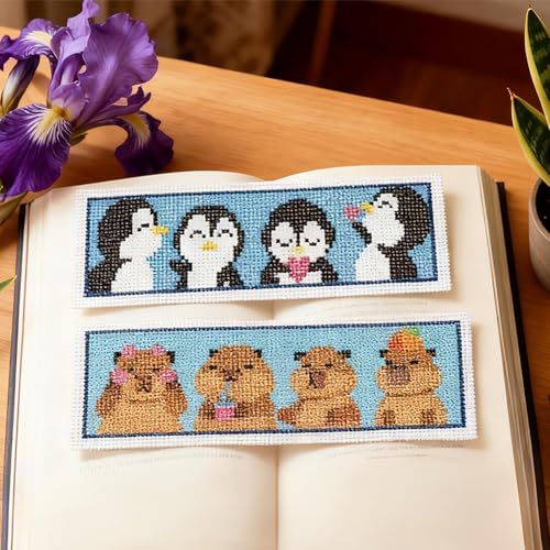 INFUNLY 6PCS Horizontal Animals Cross Stitch Bookmarks Kits 3×8.5inch Brave Penguin Stamped Embroidery Bookmark Set Pets Cats Dogs Needlepoint Bookmark Kit with Instruction for Book Lovers Writer - style: Horizontal Animals