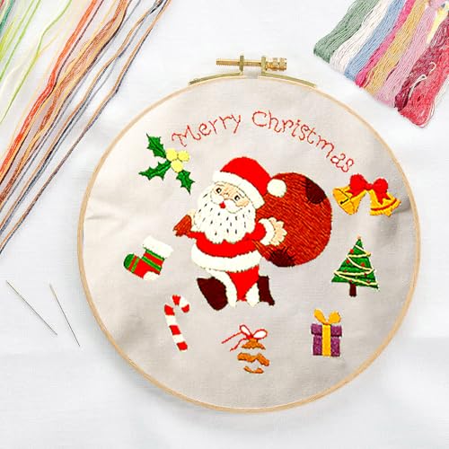 CREAWONDER Canvas Tote Bag Embroidery Kit with Pattern for Beginners, Arts and DIY Embroidery Crafts Kits for Adults, Include Instructions, Thimble, Embroidery Hoops, Color Threads and Tool - color: CR002 SantaClaus beige