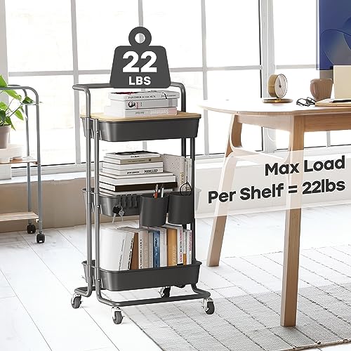 DTK 3 Tier Rolling Cart Uility Cart with Cover Board, Mobile Storage Cart with Wheels, Cups, Hooks for Office Utility Kitchen Bathroom Homeschool Art Craft Postpartum Teacher Cart Organizer(Black) - color: Black, size: Medium