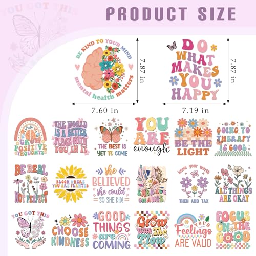 Dazoratix Mental Health Iron on Transfers - 20 Sheets Boho DTF Ready to Press Inspirational Heat Stickers Patches Vinyl Applique Decals for T Shirts Clothing DIY Craft Decorations Teen Therapist Gifts - style: Mental Health