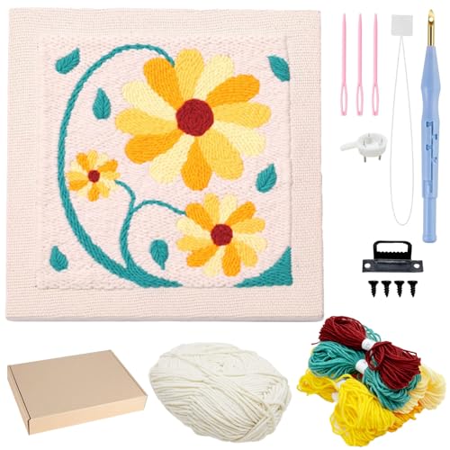 Allazone Punch Needle Embroidery Kit - Square Frame with Flower Pattern, Hoop, Yarns, Beige and Yellow - color: Beige and Yellow