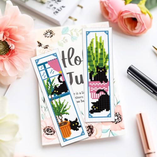 ACRNIGHEET 6PCS Cross Stitch Bookmark Kits Cute Cat and Plants Pattern Stamped Cross Stitch Kits for Beginners Adults DIY Stamped Embroidery Bookmarks with Instructions Hand Embroidery Craft Gift 11CT - style: Black cat and plant patterns