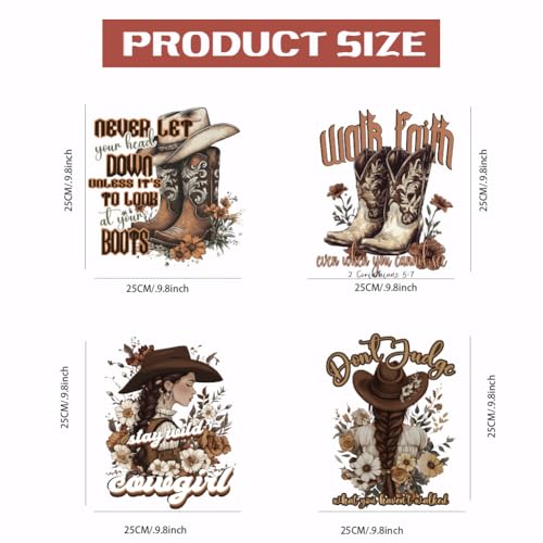 SUPERDANT 4PCS Cowgirl Iron on Transfer Paper Motivational Text Heat Transfer Sticker Washable Iron on Decals for Woman T Shirts DTF Transfers Ready to Press for Clothing Hoodie Jackets DIY Gift - style: Cowgirl
