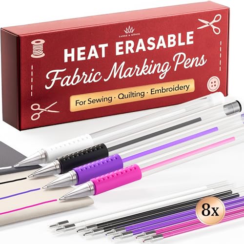 Lange & König 4x Heat Erasable Fabric Marking Pens for Sewing - 4 Pens + 8 Refills - Sewing Supplies Quilting Supplies Table Accessories Embroidery Pen Tailors Chalk Alternative - color: 4x Heat Erasable Fabric Markers