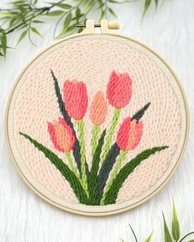 ERKOON Punch Needle Kit Beginners Adults, DIY Easy Flower Embroidery Set for Starter Art Craft, Needling Punching Project with Patterns, Tools, Yarns, Hoop, Instruction (Tulips) - color: Tulips