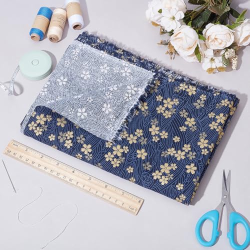 MAYJOYDIY 1 Yard 59 Inch Blue Japanese Cotton Fabric Sakura Quilting Bundles Gold Cherry Blossoms and Waves Print for Sewing Clothing Bag Tablecloth Sofa Pillow DIY Craft - color: Blue