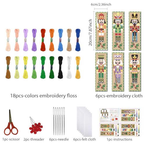 FREEBLOSS 6Pcs Christmas Cross Stitch Bookmark Kit for Adult Beginners Nutcracker Pattern Stamped Embroidery Bookmark Kit with Instructions DIY Bookmarks Kits for Christmas 8"x2.4" - style: Walnut
