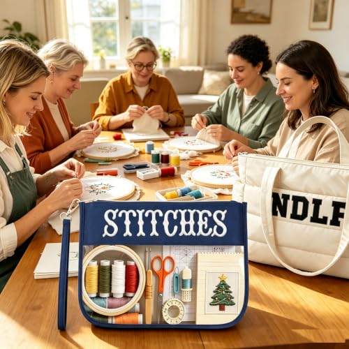 RF REENFAYA Needlepoint Tote Bag & Clear Zipper Pouch—Puffy Craft Organizer - color: Beige/Navy