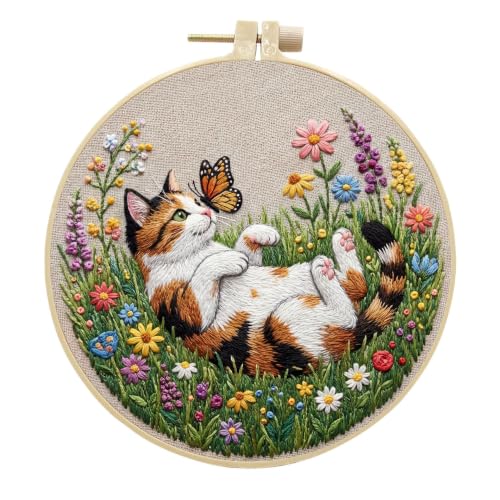 MULTIONS 3 Pack Embroidery Kit for Beginners,Cross Stich for Adults,Embroidery Starter Kits with Pattern,Hoop,Neeldes,Scissor(Cat and Butterfly) - color: cat