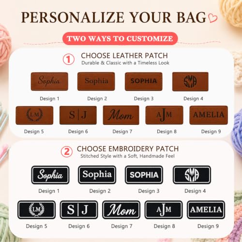 Personalized Crochet Bag with Custom Leather Patch or Embroidered Name, Canvas Knitting Tote for Yarn Storage, Crochet Organizer with Multiple Pockets, Custom Gift for Crocheters & Knitters - color: Nature-Black, size: Make it Personal