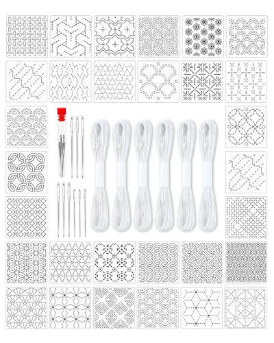eZAKKA Sashiko Embroidery Kit 30 Patterns, 9 Needles &6 Threads for Mending - color: White Sashiko Full Kit(45Pcs)
