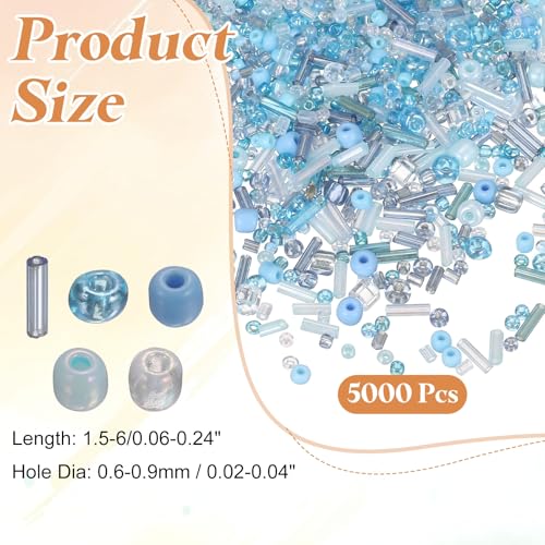 MECCANIXITY 5000 Pcs Mixed Glass Seed Beads, 1.5-6mm Mini Loose Glass Bugle Spacer Bead Embroidery Beads for DIY Craft Projects Earrings Necklaces Bracelets Jewelry Making, Light Blue - color: Light Blue