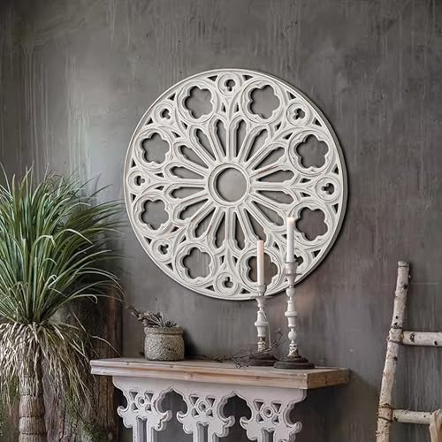 XIAOAIKA Round Hand-Carved Wood Wall Art, Floral Geometric Design, 24 Inch - color: White