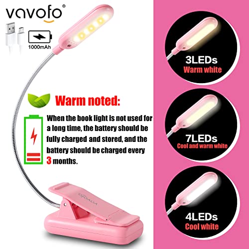 VAVOFO Rechargeable Book Light for Reading in Bed Kids, 7 LED Reading Light with 9-Level Warm Cool White Daylight, Eye Care Lamp with Power Indicator for Bookworms (Pink) - color: Pink