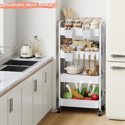 4 Tier Rolling Storage Cart Metal with Wheels, 37in Heavy Duty Roller Carts - color: Light White, size: 4 Tier + Cups + Hooks