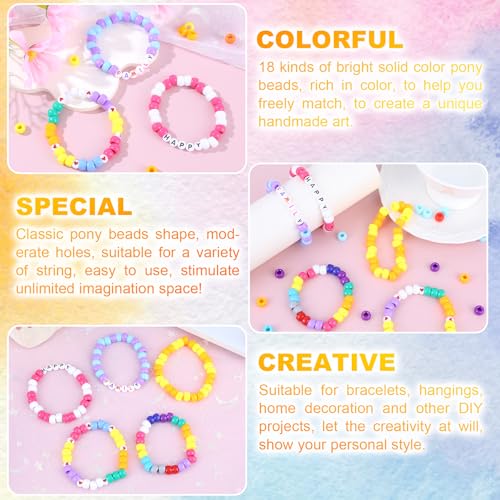 2600+pcs Pony Beads Kit 18 Color Rainbow Plastic Multicolor Pony Bead Bulk with Elastic String Hair Beads DIY Crafts Jewelry Making Kit for Bracelets Necklaces Key Chain - color: Solid Pony Beads