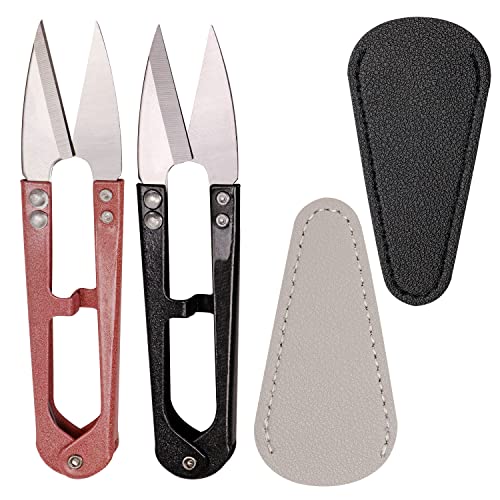 2Pcs Multicolor Mini Sewing Scissors Clipper 2Pcs Leather Scissors Sheath Cover Small Embroidery Thread Thrum Yarn Trimming Nipper U-Shaded Craft Cross Stitch Scissor (Pink/Black) - color: Pink/Black