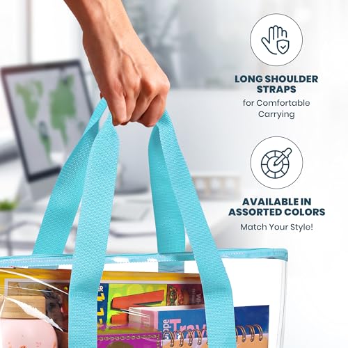 Handy Laundry Clear Tote Bag - Zipper Closure, Long Shoulder Strap, Fabric Trimming. - color: Teal