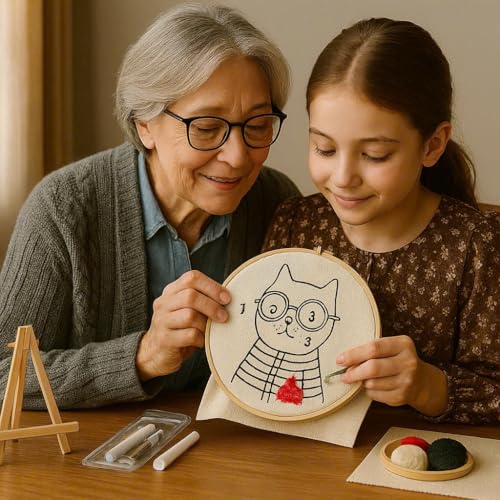 CELCRAFTIQUE Punch Needle Kits for Adults Beginner, Tool with Punch Needle Fabric, Hoops, Yarns and Sewing Needles (Style 4) - color: Retro Cat