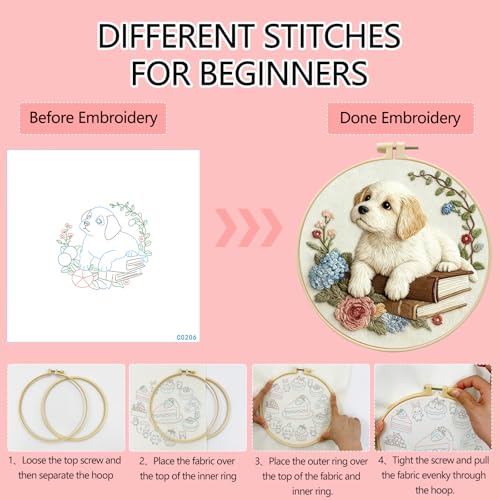 Qvthpv Embroidery Kit for Beginners, Stamped Puppy and Books Pattern - color: The puppy and the books