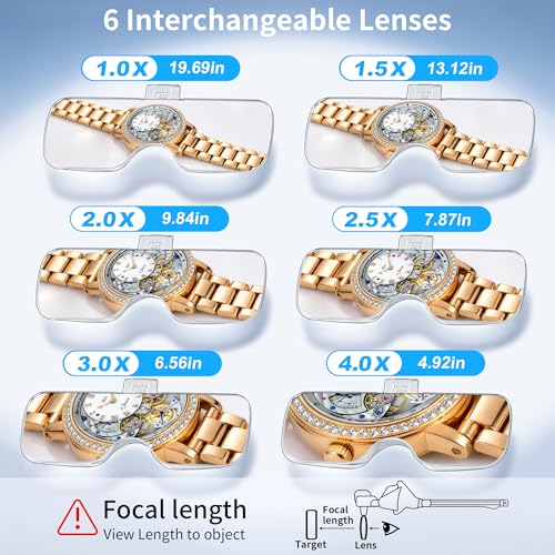 JARLINK Magnifying Glasses with Light, 6 Lenses, Rechargeable Headband - color: White