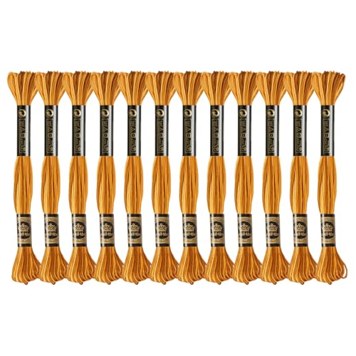 12 Skeins Embroidery Floss, Colorful Embroidery Floss 6 Strands Polyester Variegated Gradient Cross Stitch Thread for Sewing, Gradient Yellow-Brown - color: Gradient Yellow-Brown