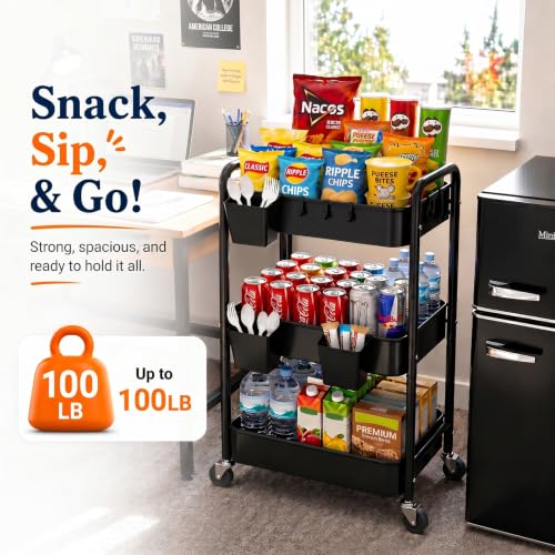 3 Tier Rolling Cart Metal with Wheels,Black Three Tiered Art Cart Organizer - color: Matte Black, size: 3 Tier + Cups + Hooks