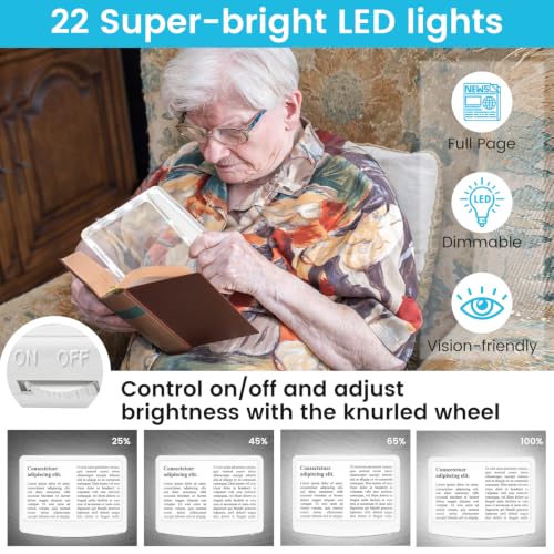 Rechargeable 5X Magnifying Glass for Reading, Large Bright Full Page Magnifier with Light, Handheld LED Dimmable Lighted, Lightweight Book Magnifier for Reading Small Prints Seniors - White - color: White