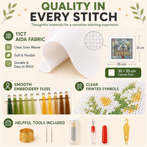 AuraDraw House Stamped Cross Stitch Kits for Beginners, 1CT Cross Stitch Kit for Adults, House Embroidery Set Crossstitch Wall Hanging Set 14x14inch - color: JLSZX-0003