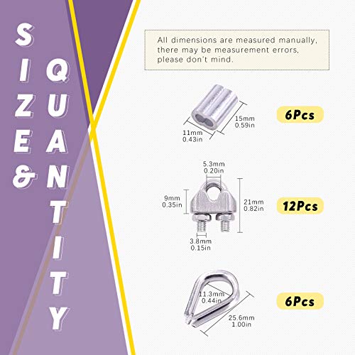 Swpeet 24Pcs M3 (5/16") Wire Rope Accessory Set, Included M3 Wire Rope Cable Clip Clamp, M3 Stainless Steel Thimble, 3mm Aluminum Crimping Loop Sleeve Perfect for 1/8 inch Wire Rope Cable (M3) - size: M3