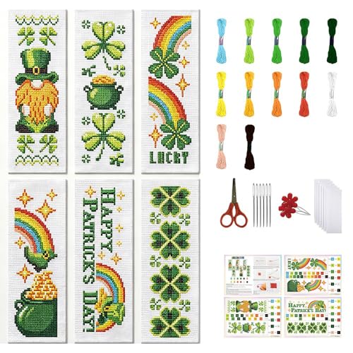 FREEBLOSS 6 Set Cross Stitch Bookmark Kit 11 CT Stamped Cross Stitch Kit DIY Embroidery Bookmark Kits for Adult Beginners with Instructions, St. Patrick's Day, 6 x 20 cm/8" x 2.4" - style: Saint Paul pattern